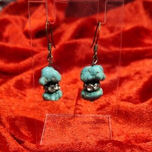 Genuine Turquoise Nugget Silver Tone Earrings With Rhinestone Spacers